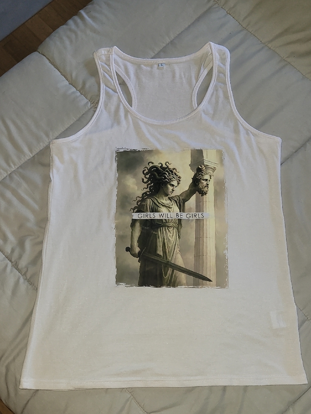 White Racerback Tank with Medusa Print